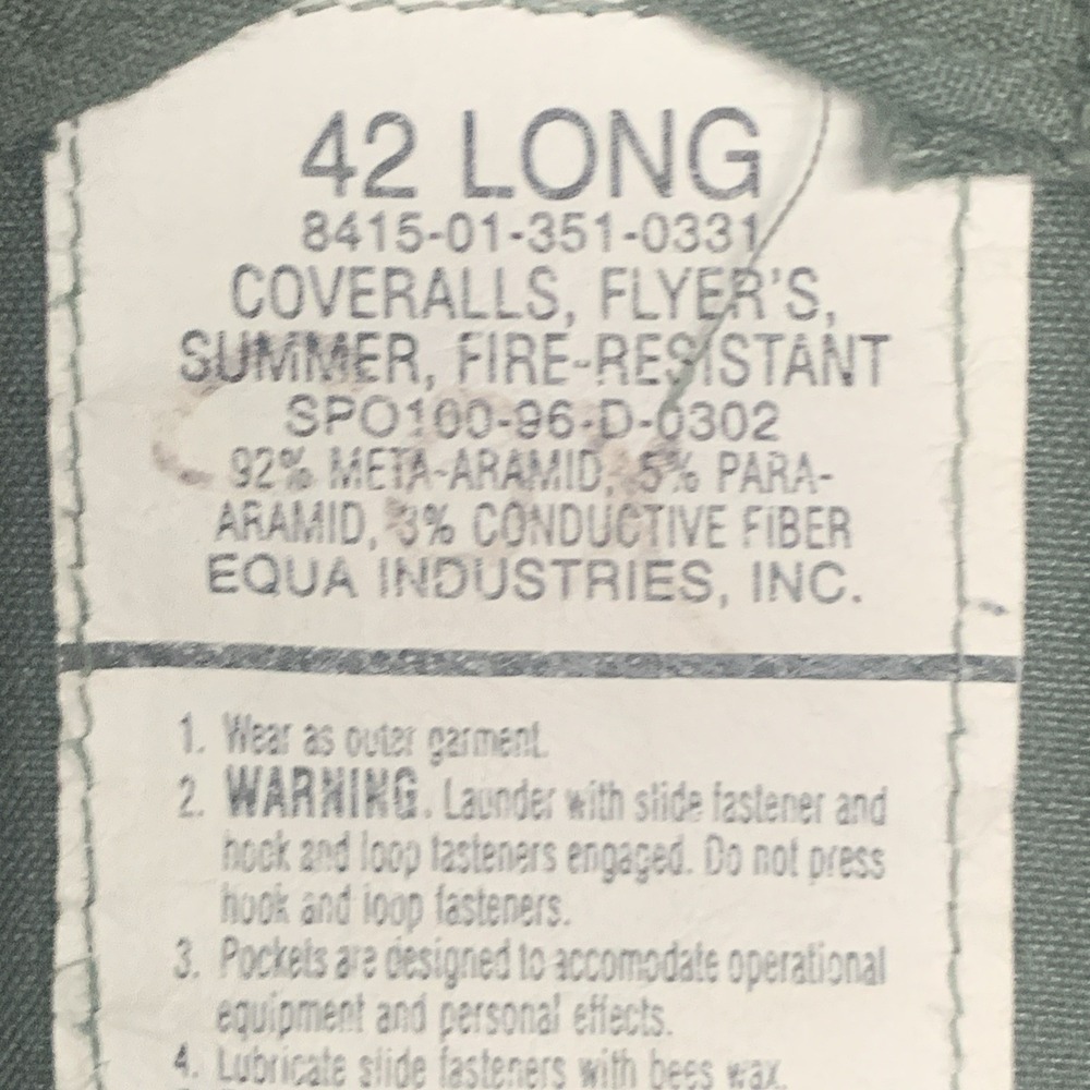 Military Flight Suit Flyer's Summer Coveralls Fire Resistant 42 Long Sage Green - Picture 16 of 16